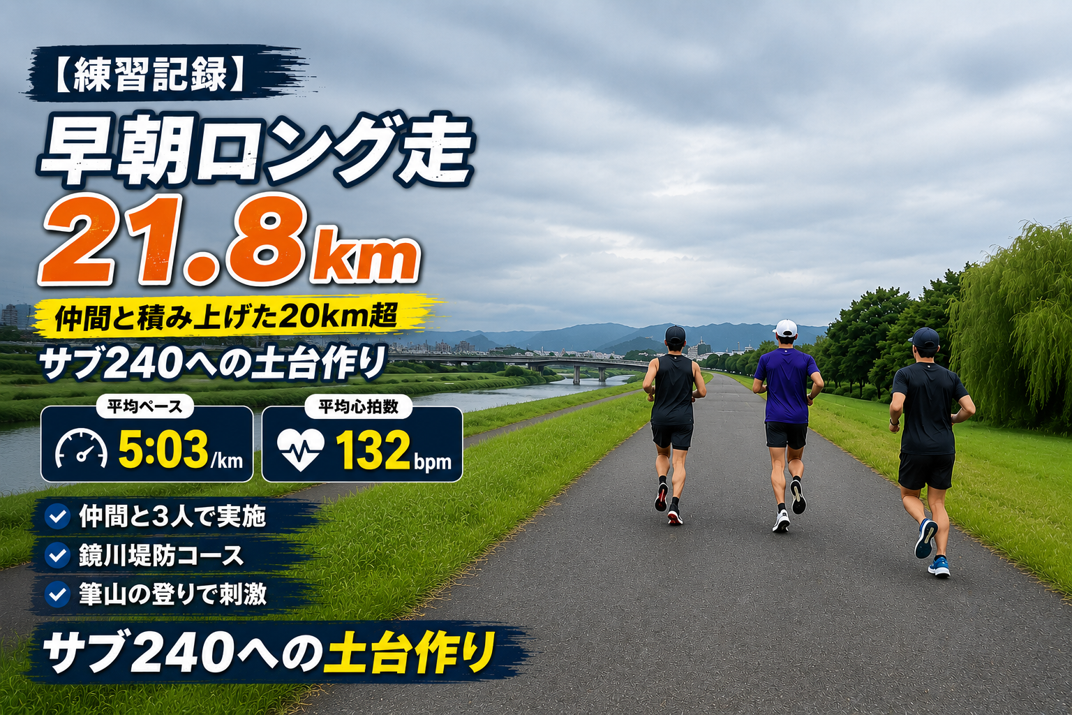 鏡川堤防で実施した21.8km早朝ロング走の練習記録