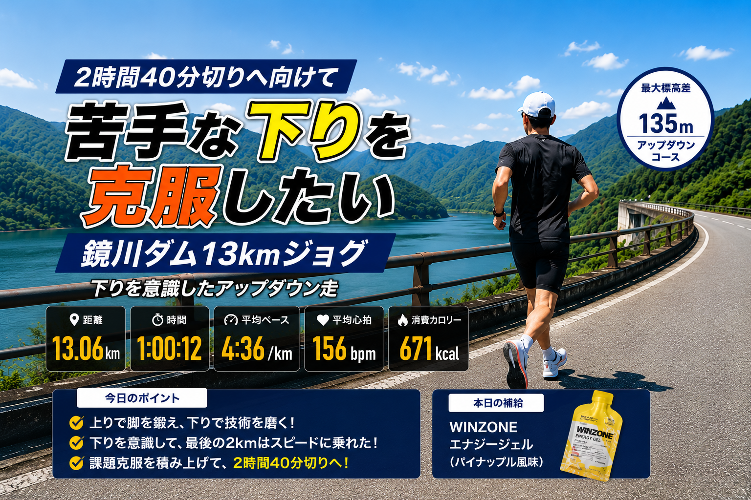 鏡川ダムで下り克服をテーマに13kmジョグを行うランナー