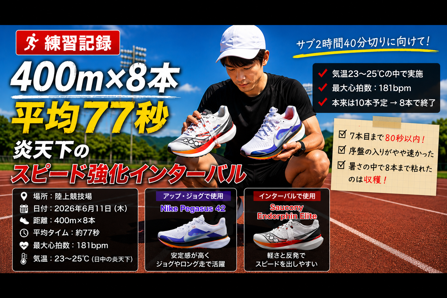 炎天下の陸上トラックで400m×8本のインターバル走を行う市民ランナー